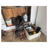 Assorted Workshop Lot with Wolverine Boots, Spray Paint, Garden Sprayer, and Jeep Bag