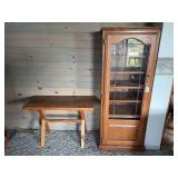 Oak Display Cabinet with Glass Door and Wooden Trestle Table Lot