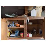 Double Door Wooden Storage Cabinet with Assorted Garage and Workshop Contents