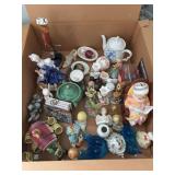 Assorted Box Lot of Ceramic Figurines, Teapots, and Glass Collectibles
