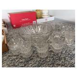 Assorted Pressed Glassware Collection Including Punch Bowl, Footed Glasses, and Serving Dishes