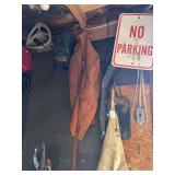 Metal No Parking Sign, Welding Helmet, Leather Jacket, and Shop Apron Lot