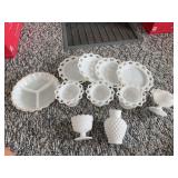 Assorted White Milk Glass Collection Featuring Plates, Bowls, and Hobnail Vase