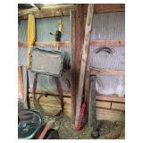 Assorted Farm Equipment and Hardware Lot Including 85 Lbs Poly Spreader, Yellow Umbrella, PTO Shaft Casing, and Cables