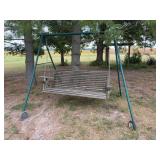 Freestanding Wooden Porch Swing with Metal A-Frame Stand
