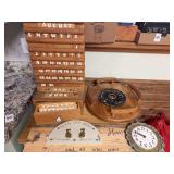 Assorted Wooden Home Decor and Collectibles Lot including Perpetual Calendar Clock and Signage