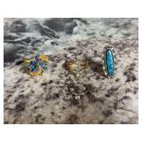 Assorted Costume Jewelry Rings Lot with Blue Rhinestones and Turquoise Colored Stone