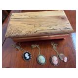 Wooden Jewelry Box with Compartments and Cameo Necklaces Set