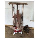 Winter Holiday Decor Lot with Wooden Sled, Santa Star, Ice Skates, and Vintage Rug Beater