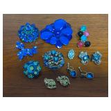 Assorted Blue Rhinestone and Enamel Costume Jewelry Lot including Brooches and Clip-On Earrings