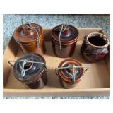 Collection of Brown Glazed Stoneware Crocks with Wire Bail Lids