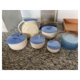 Ceramic Kitchenware Set with Lidded Bowls, Pitcher, and Blue Glass Plates