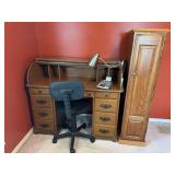Oak Roll-Top Desk with Office Chair, Tall Storage Cabinet, and Catiga Printing Calculator