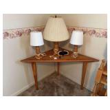 Wooden Corner Table with Three Wooden Lamps and Digital Clock Lot