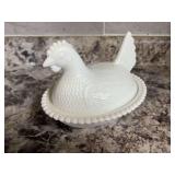 White Milk Glass Hen on Nest Covered Dish with Beaded Rim