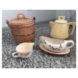 Assorted Ceramic Kitchenware Grouping Including Covered Jar Teapot Creamer and Gravy Boat