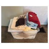 Large Tote Bin Containing Assorted Towels & Sheets