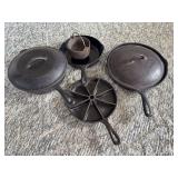 Assorted Cast Iron Cookware Collection Including Lodge Cornbread Skillet and Mini Cauldron
