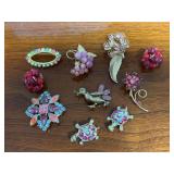 Assorted Lot of Pink and Purple Tone Costume Jewelry Brooches and Clip-On Earrings