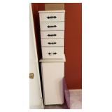 White Painted Wooden Cabinet Lot with Sewing Notions, Singer Electric Scissors, and Cutting Mat