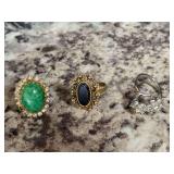 Assorted Costume Rings Lot of Three with Green Stone, Black Stone, and Floral Rhinestones