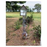 Rustic Wooden Garden Post with Mirrored Window Frame and Metal Bird Sculptures