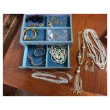 Assorted Costume Jewelry Collection in Blue Organizer Box