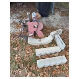 Assorted Yard Decor, Concrete Edging, and Metal Stand Lot