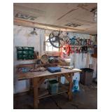 Workshop Workbench with Attached Shelving, Fan, and Tool Accessories