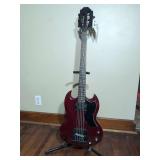 Epiphone Electric Bass Guitar in Cherry Red Finish with Floor Stand