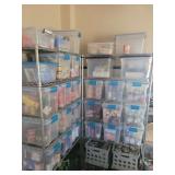 Wire Shelving Units with Plastic Storage Bins and Pantry Supplies