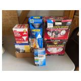 Assorted Indoor and Outdoor Floodlights, Fixtures, and Light Bulbs