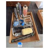 Assorted Paint Rollers, Frames, and Paint Remover Additive in Cardboard Box
