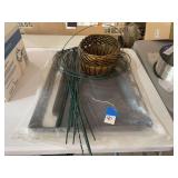 Garden Assortment Lot Including Woven Planter Basket, Stakes, and Plastic Tray
