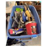 Assorted Painting Tools and Supplies in Blue Plastic Bin