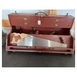 Wooden Machinist Tool Chest with Assorted Hand Tools and Woodworking Implements