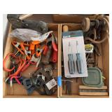 Box Lot of Assorted Hand Tools, Clamps, and Hardware
