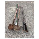 Assorted Yard Tools Including Shovels and Post Hole Digger
