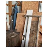 Assorted Building Materials, Metal Grates, and Outdoor Umbrella Components