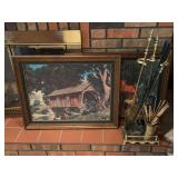 Paul Dellefleur Framed Prints and Brass Fireplace Tool Set with Match Holder