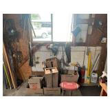 Assorted Power Tools, Caulking Tubes, Stool, and Garage Supplies