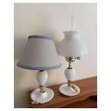 Pair of Milk Glass Hobnail Table Lamps with Shades and Chimney