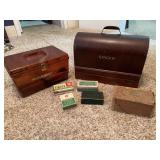 Singer Sewing Machine in Wooden Case with Amber Plastic Storage Box and Assorted Attachment Sets
