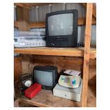 Electronics Lot Including Sanyo Stereo System, TVs, Cash Register, and Electric Meter