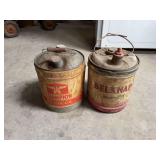 Pair of Five Gallon Metal Cans including Champion Motor Oil and Belknap Utility Can