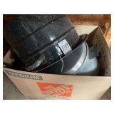Box Lot of Kitchenware Including Cast Iron Skillets, Enamelware Pot, and Baking Molds