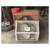 Assorted Group of Household Items Including Box Fan, Window Fan, Tin, and Records