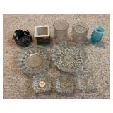 Fenton Blue Hobnail Vase, Assorted Glassware, Small Ceramic Planter, and Metal Candle Holder Collection