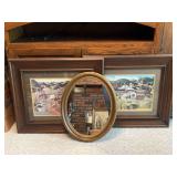 Set of Two Framed Country Farm Scene Prints and Oval Wall Mirror