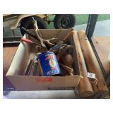 Box of Assorted Tools, Deer Antlers, and Mr. Peanut Tin